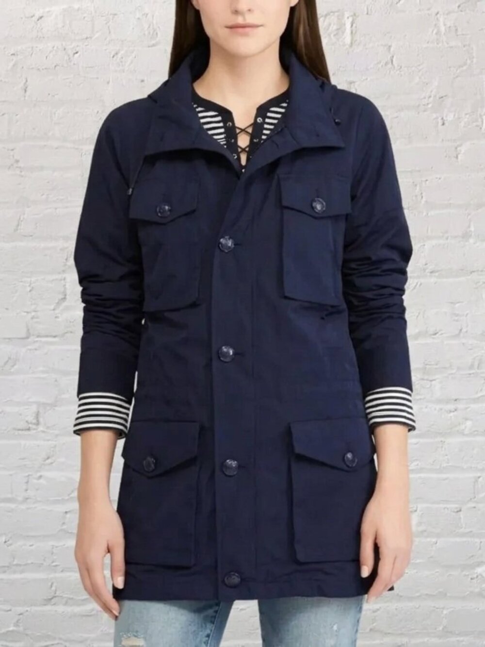 Lauren Ralph Lauren Navy Hooded Taffeta Rain Jacket 4-Pocket Utility Coat L